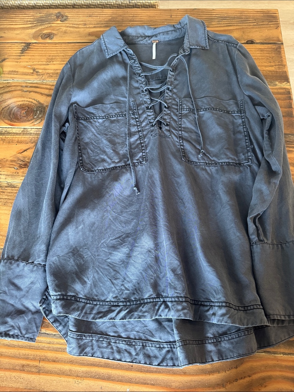 Free People Lace-Up Pocket Front Long Sleeve Top - Charcoal size large